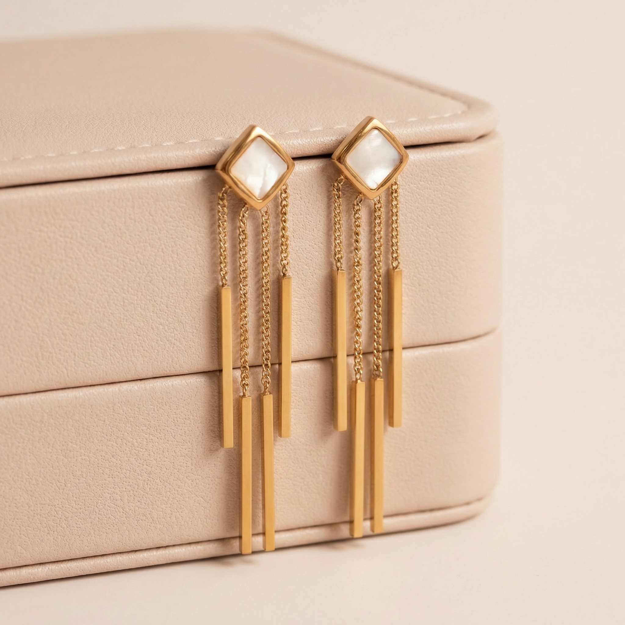 Pearl Square Cascade Drop 18 Carat Gold Finished PVD Coated Anti-Tarnish Earrings