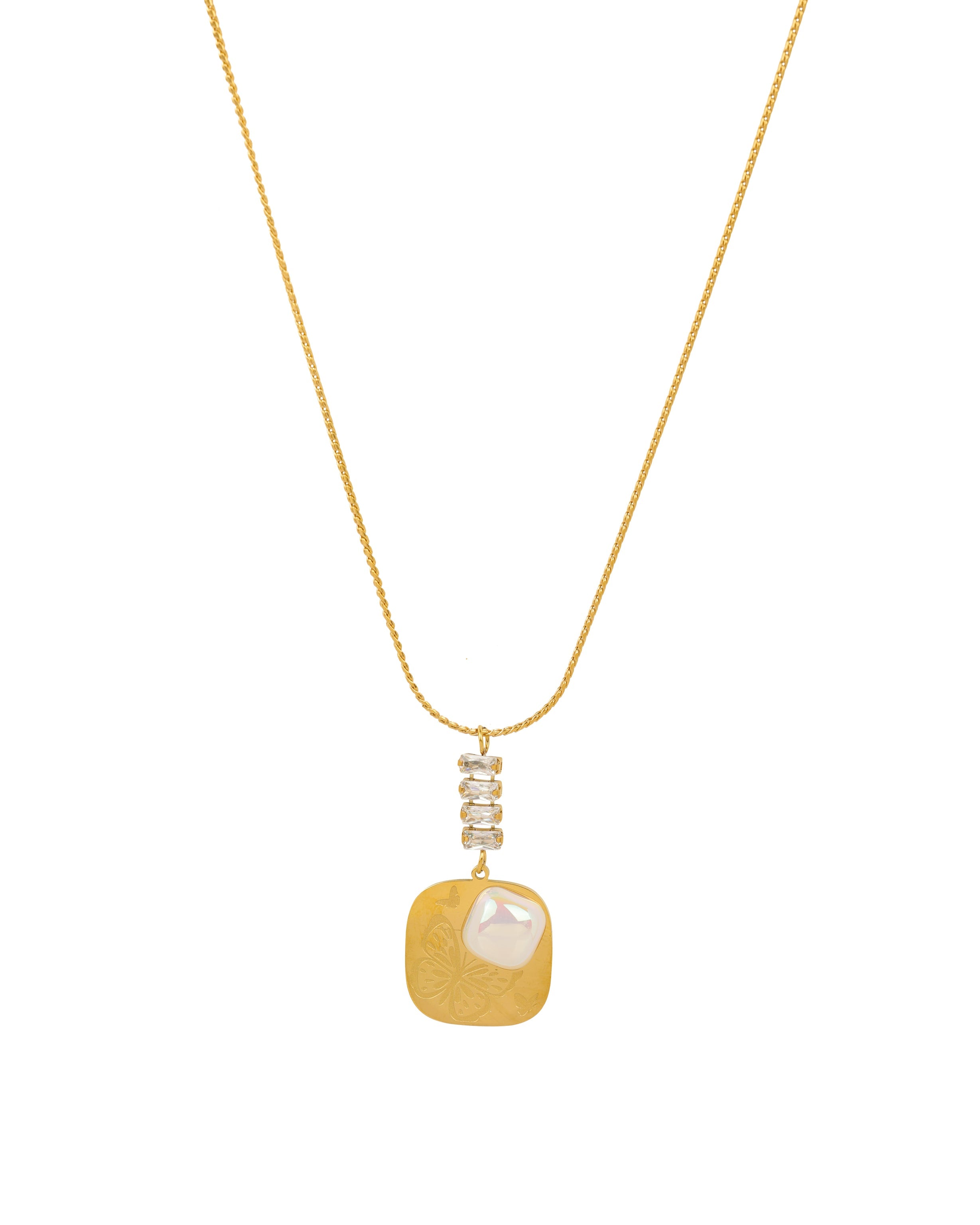 Gold chain necklace with a square gold pendant featuring engraved butterflies and a pearl accent